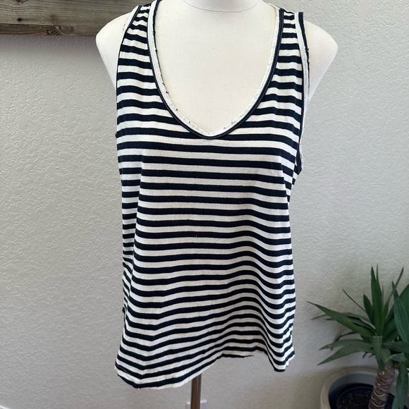 AMO Striped Navy and White Women's Distressed Tank Top size‎ Large - Picture 1 of 7